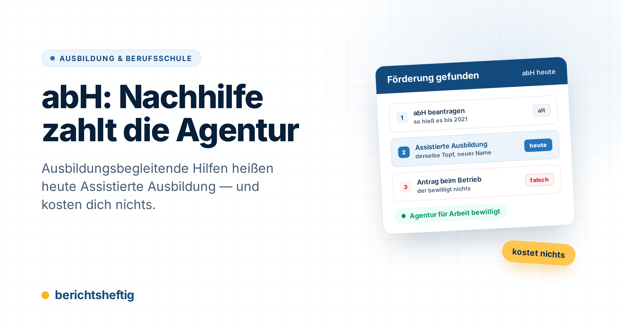 Ausbildungsbegleitende Hilfen: abH hieß es bis 2021, heute Assistierte Ausbildung — bewilligt wird bei der Agentur für Arbeit
