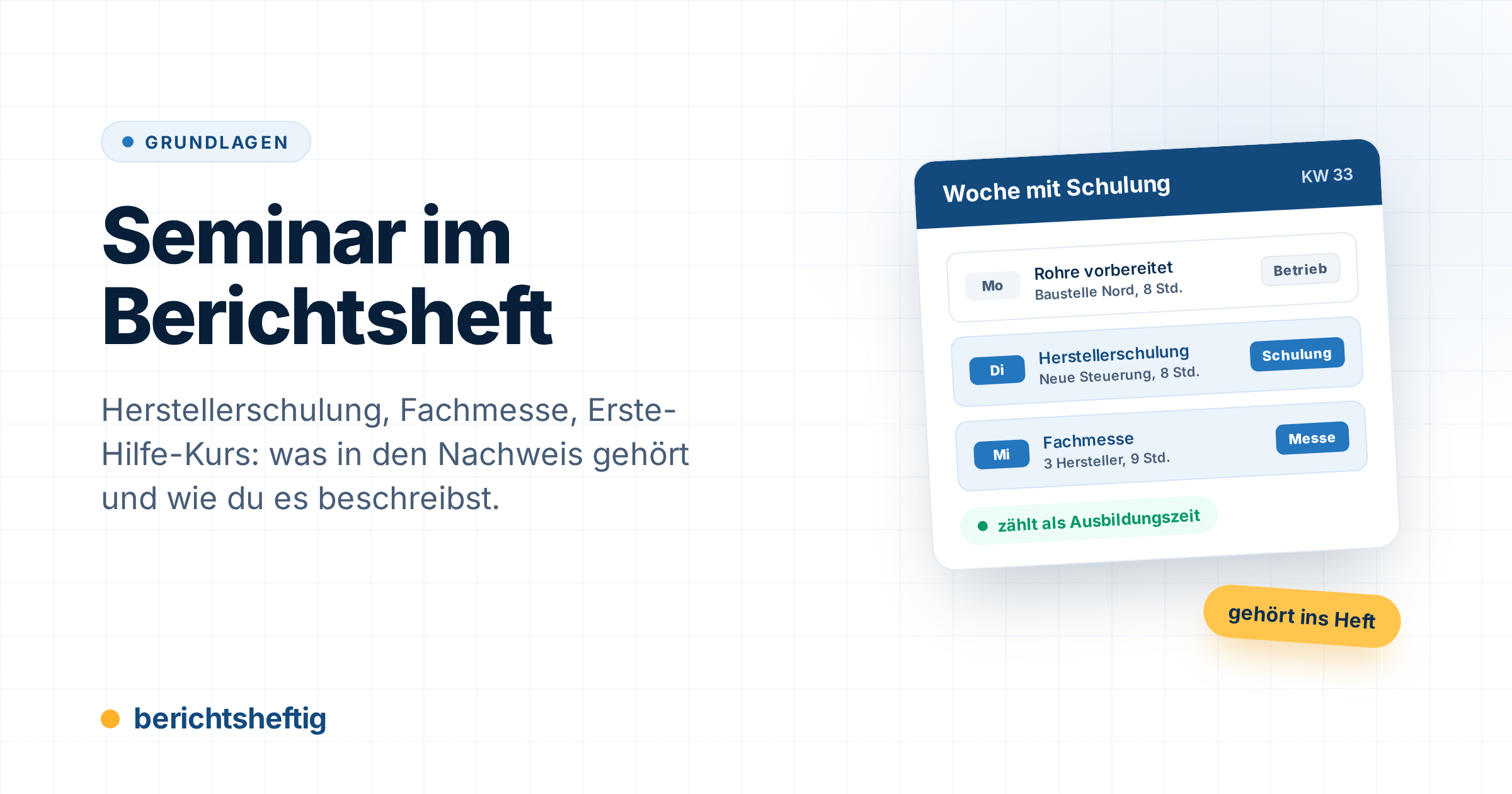 Seminar im Berichtsheft: Schulungen, Messen und Kurse eintragen